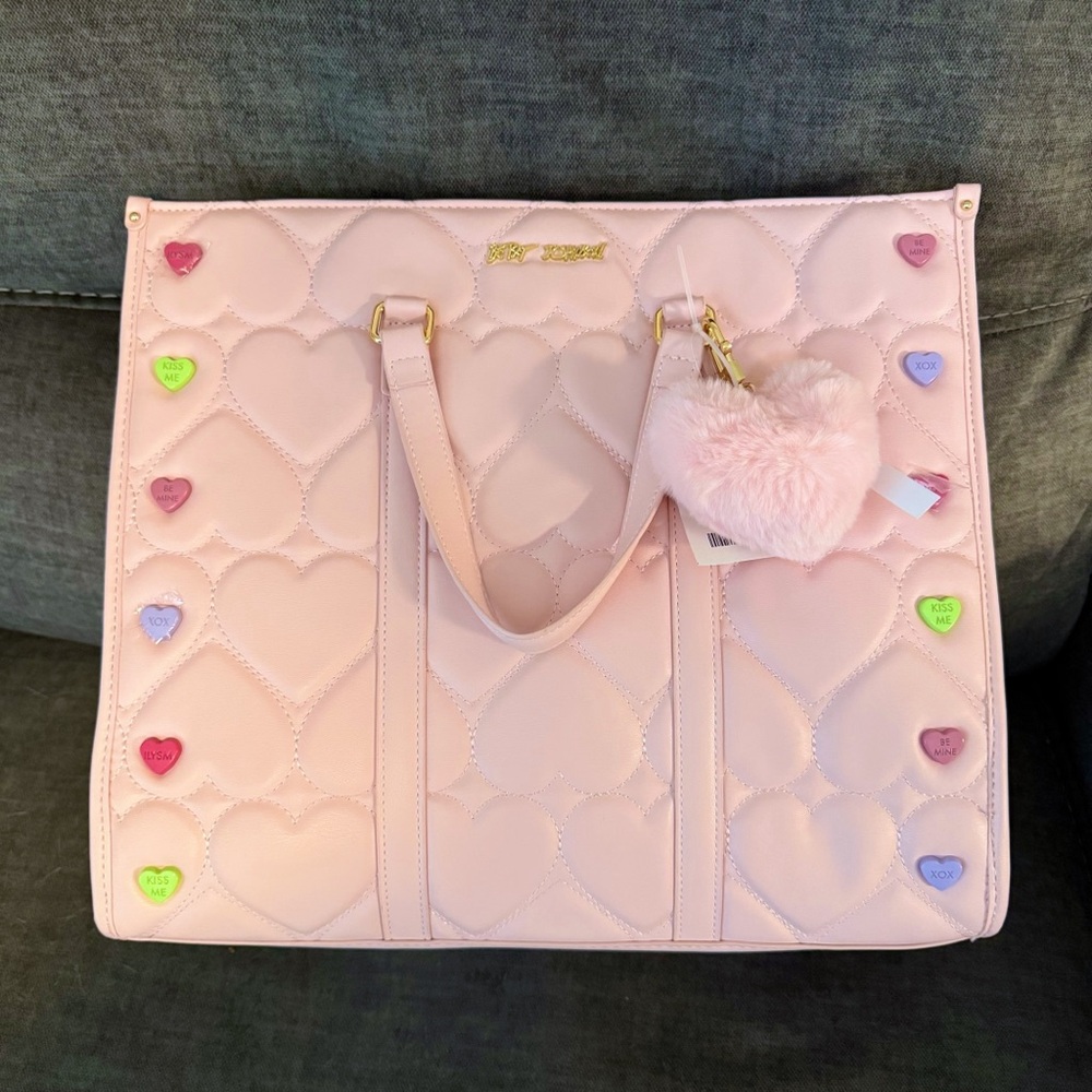 Betsey Johnson Light Pink Heart-Conversation Heart Embellished Tote Purse